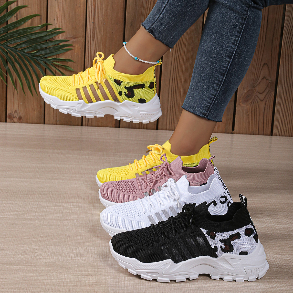 Wedge Espadrille Women - Leopard Print Knit Women's Sneakers Breathable
