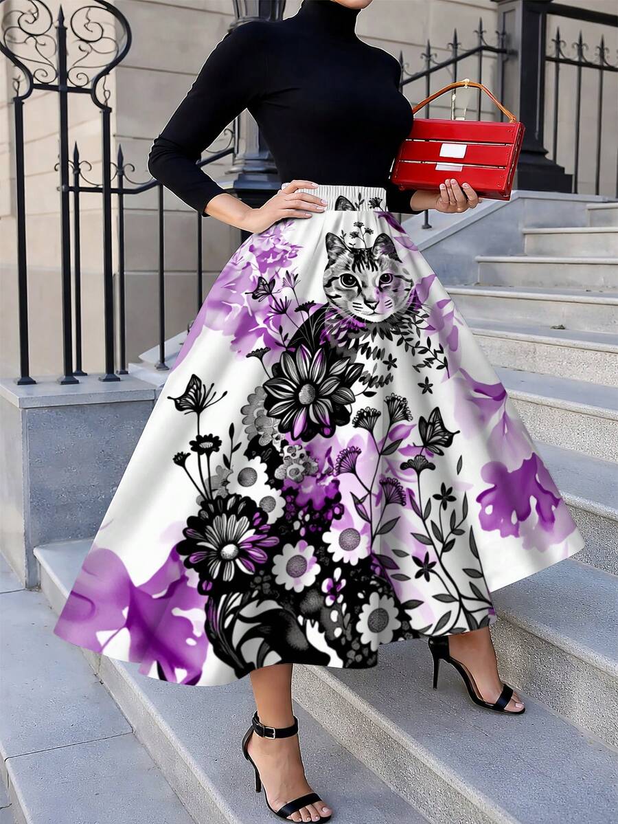 Midi Skirt Floral - Oversized Floral Cat Print Midi Skirt