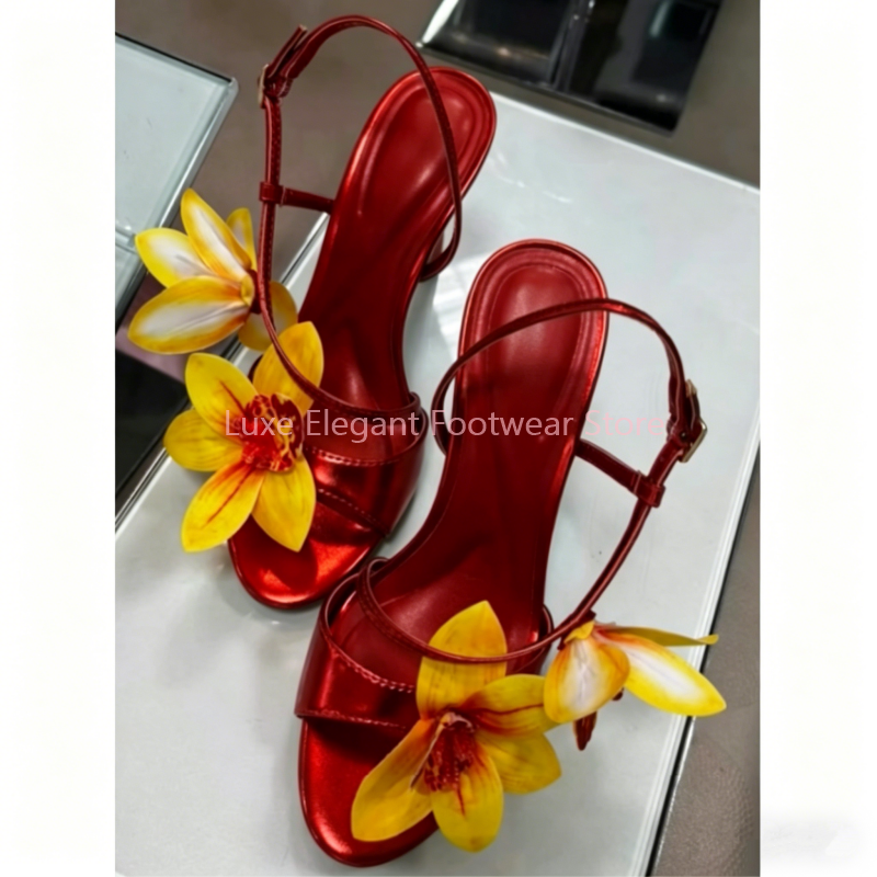 Red Flower Decor Back Strap Ho - Sandal Strappy Heeled のレビューと価格