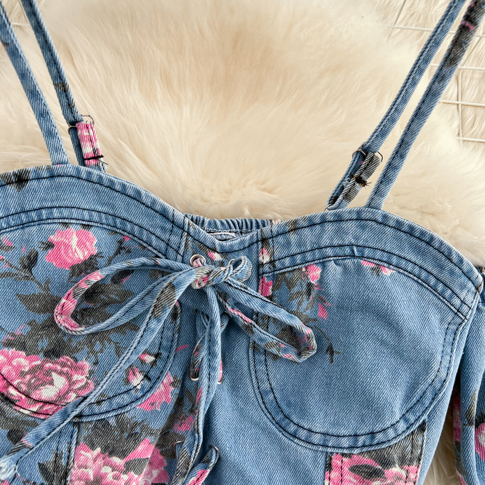 Fashion Floral Print Denim Ski - Romper Floral Print のレビューと価格