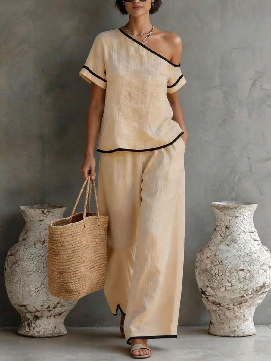 Womens Beige Asymmetric Top An - Linen Pant Wide のレビューと価格