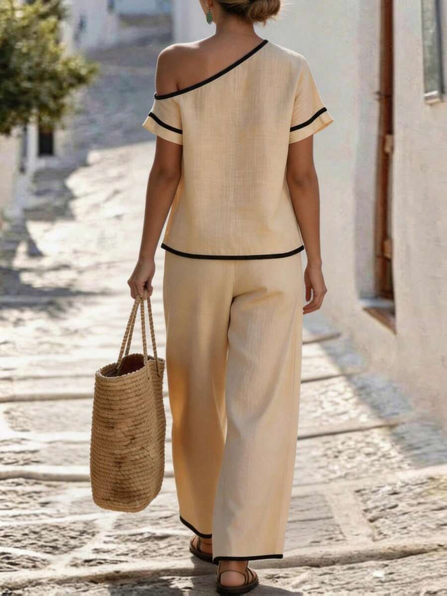 Womens Beige Asymmetric Top An - Linen Pant Wide のレビューと価格