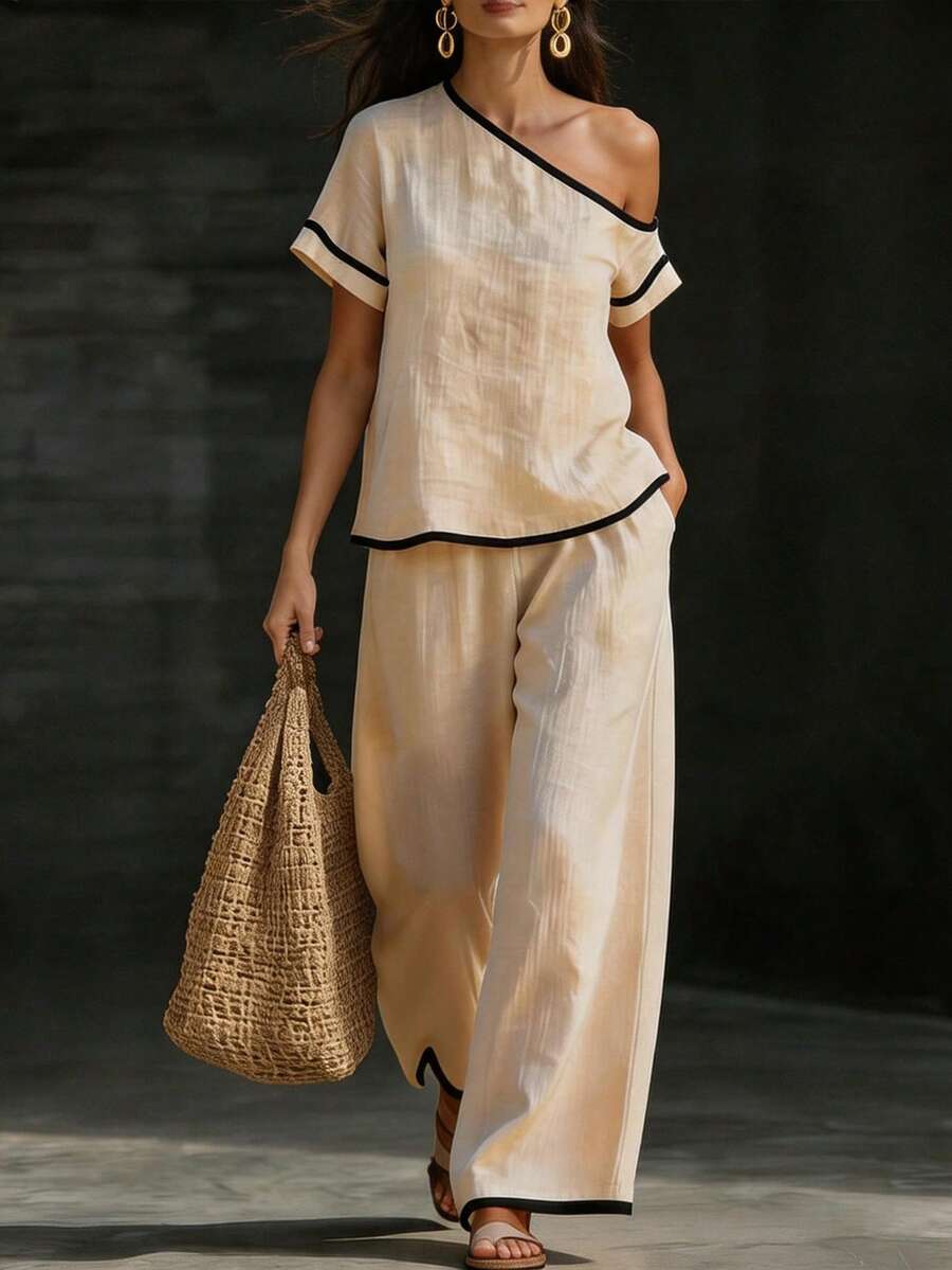 Womens Beige Asymmetric Top An - Linen Pant Wide のレビューと価格