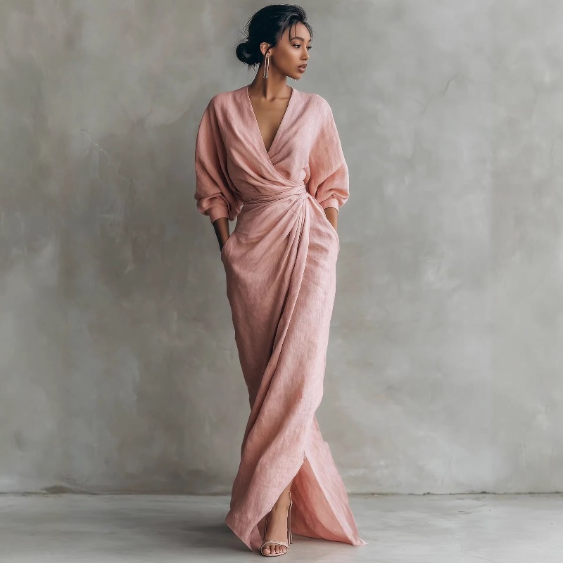 Women's Pink Linen Wrap Maxi D - Linen Dress Wrap のレビューと価格