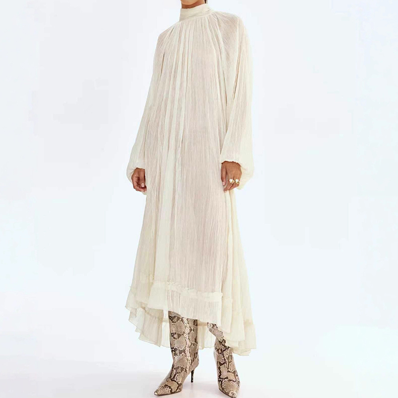 Ladies O-neck Long Sleeved Ple - Linen Dress Wrap のレビューと価格