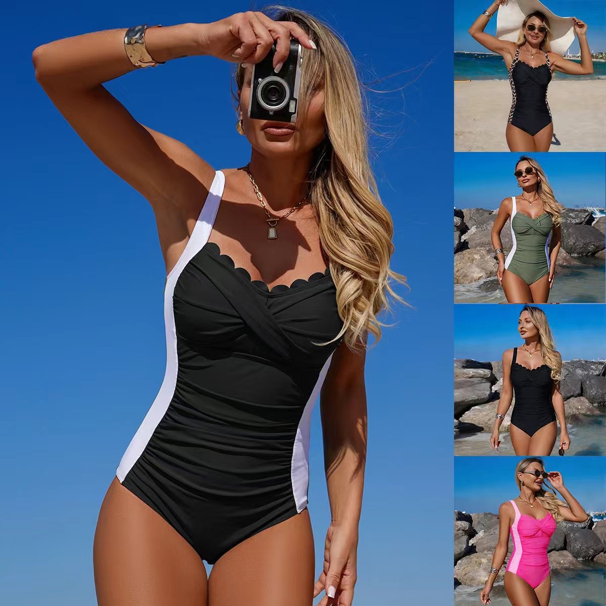 Black Swimsuit Scalloped Neckl - Swimsuit Bikini Ruched のレビューと価格