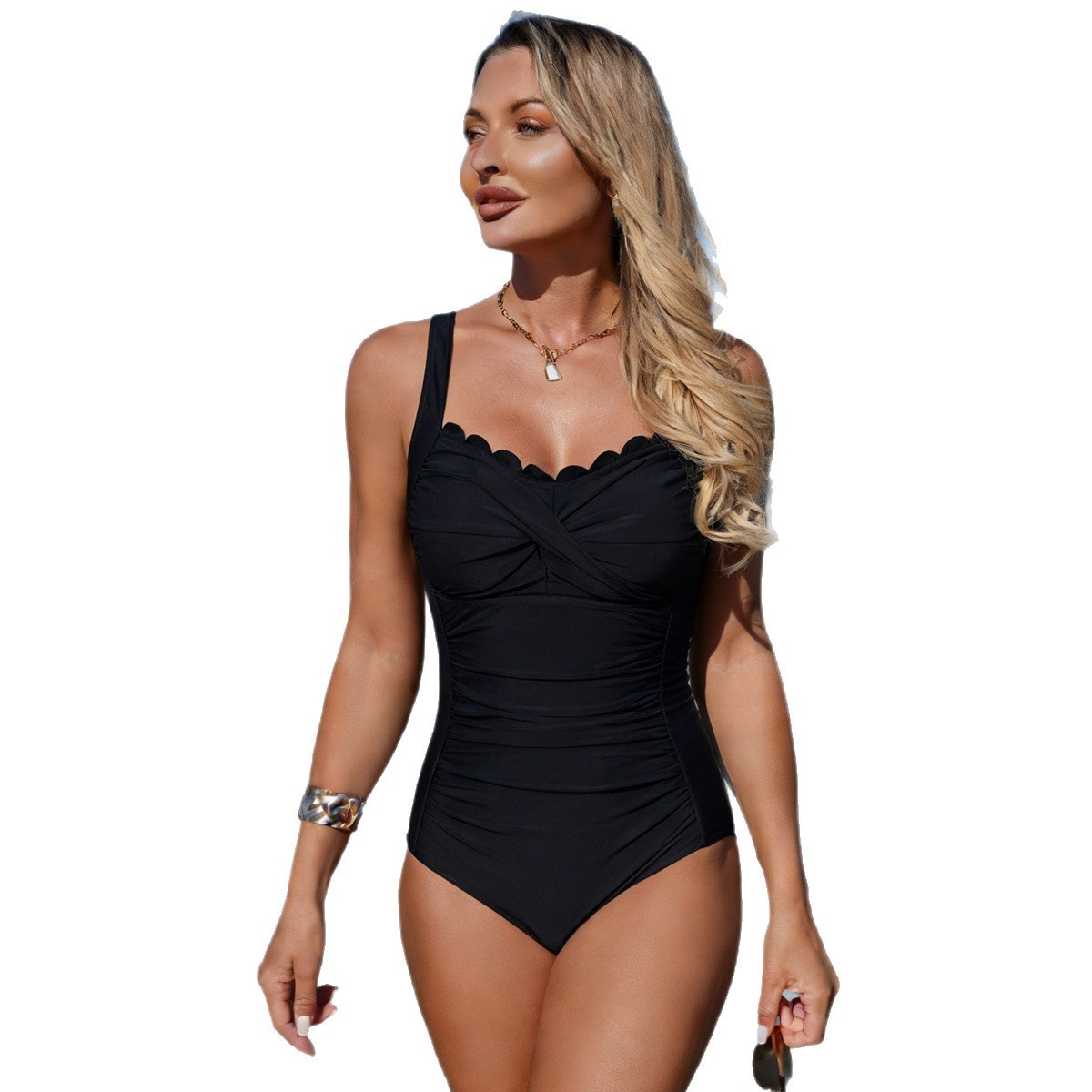 Black Swimsuit Scalloped Neckl - Swimsuit Bikini Ruched のレビューと価格