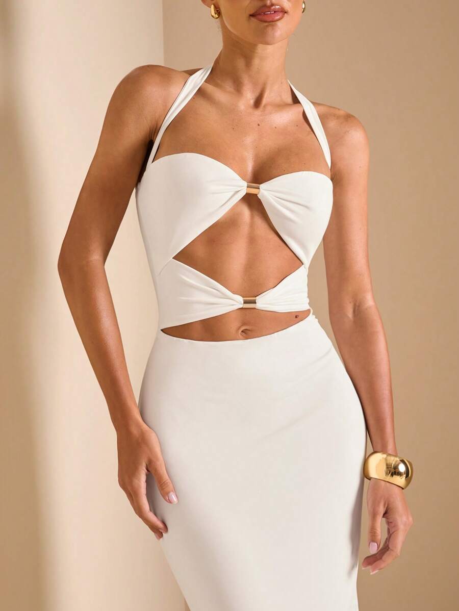 White Cut Out Halter Neck Fitt - Maxi Dress Halter のレビューと価格