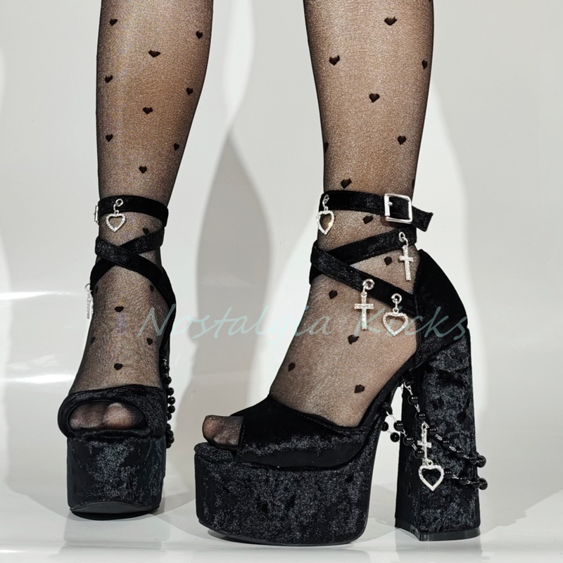 Gothic Black Velvet Platform H - Sandal Strappy Heeled のレビューと価格
