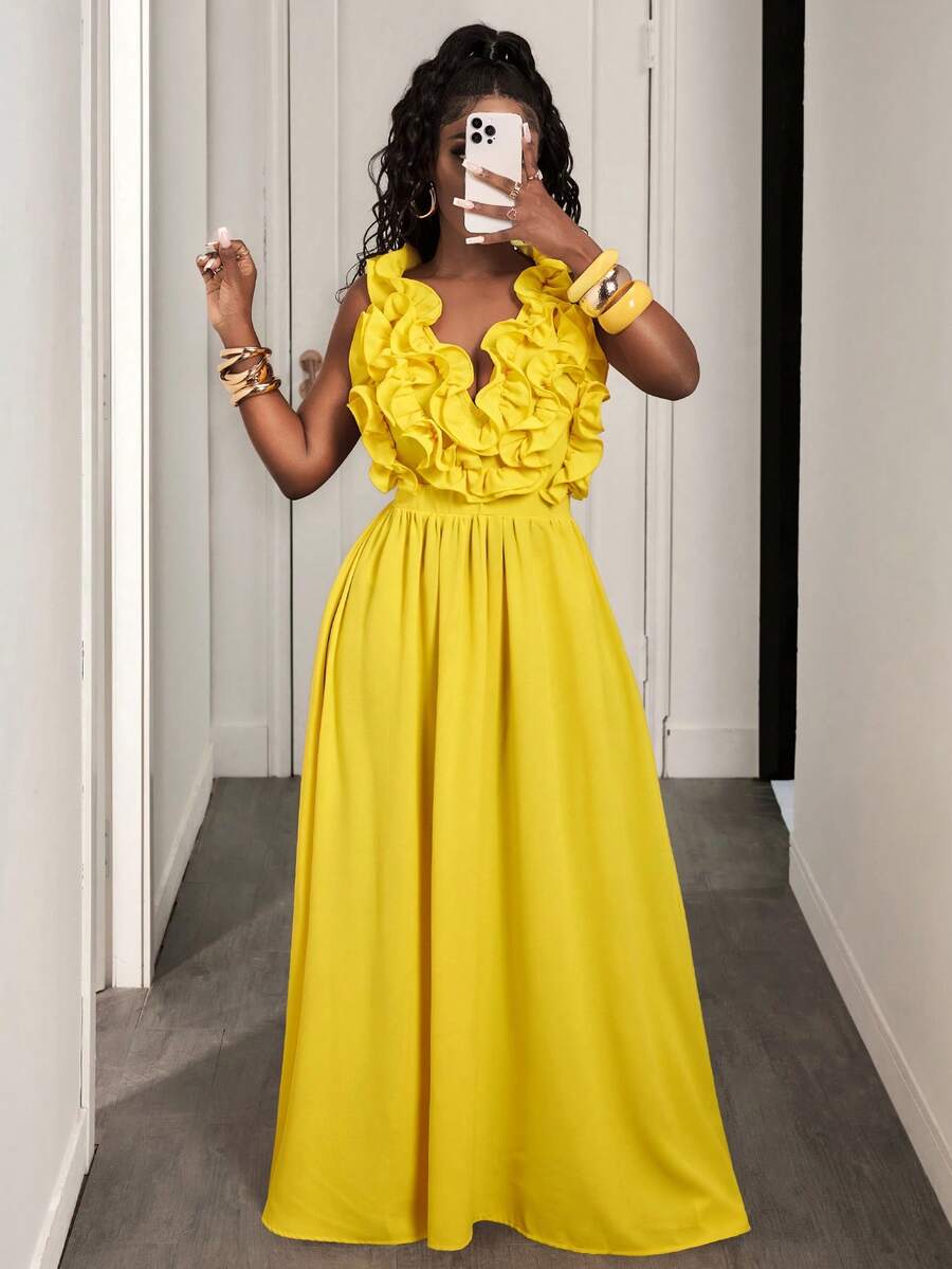 Yellow Deep V-Neck Ruffle Halt - Maxi Dress Halter のレビューと価格