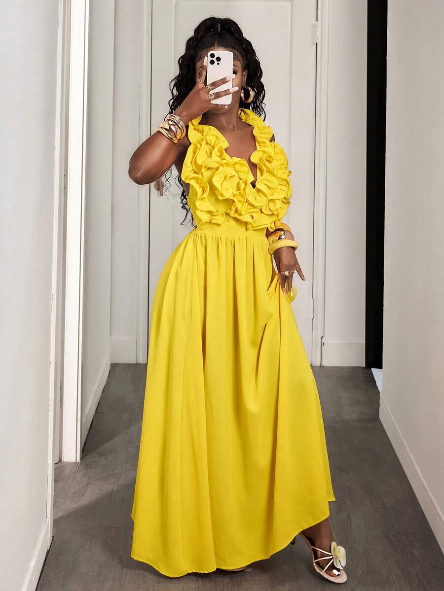 Yellow Deep V-Neck Ruffle Halt - Maxi Dress Halter のレビューと価格
