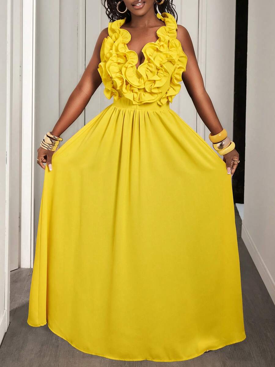 Yellow Deep V-Neck Ruffle Halt - Maxi Dress Halter のレビューと価格