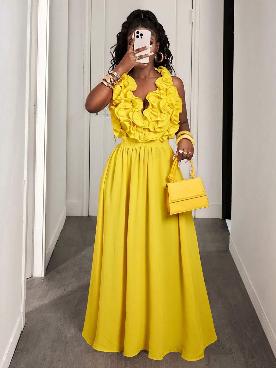 Yellow Deep V-Neck Ruffle Halt - Maxi Dress Halter のレビューと価格