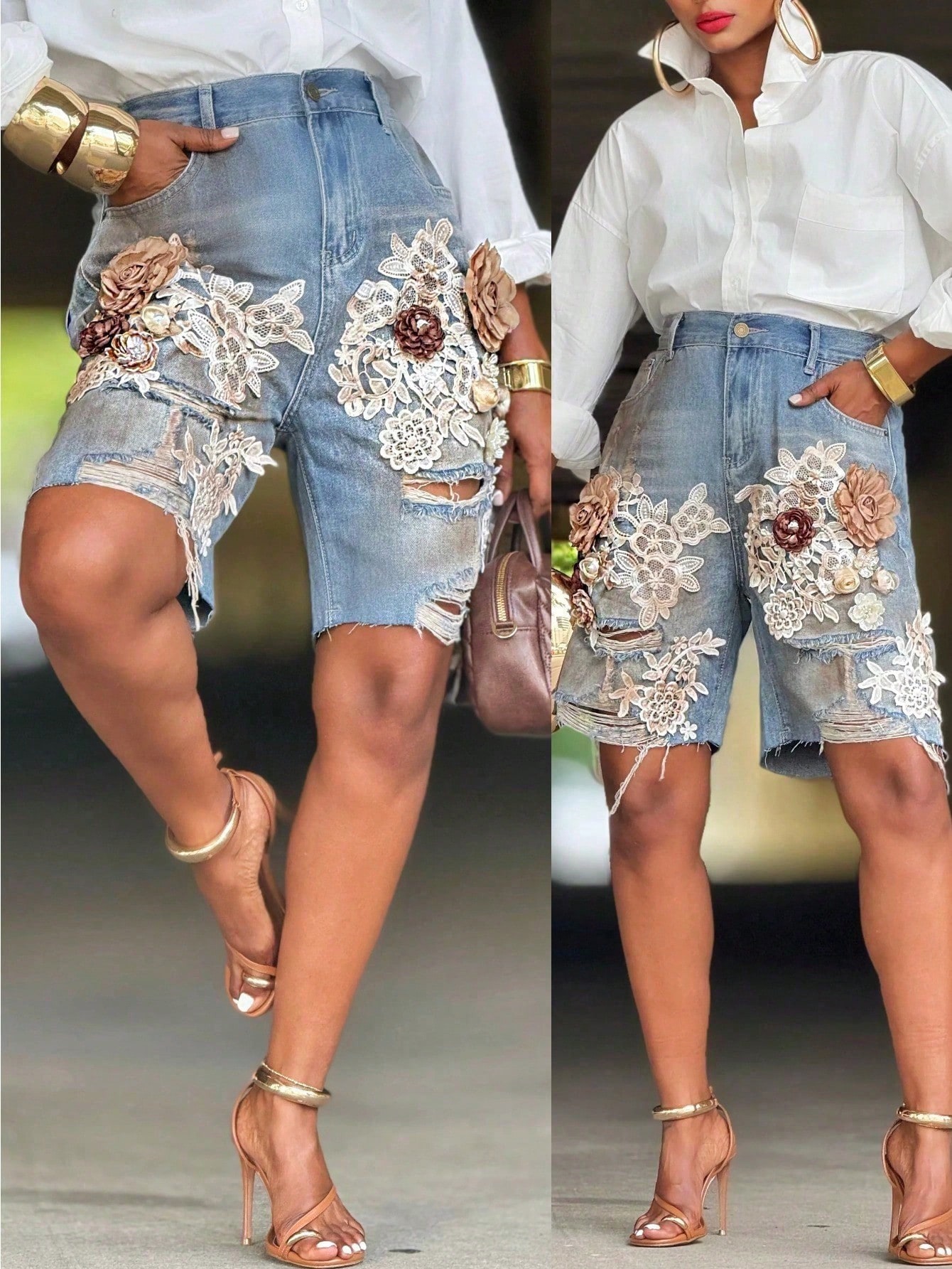 GLOURI Women 3D Floral Appliqu - Shorts Denim Frayed のレビューと価格