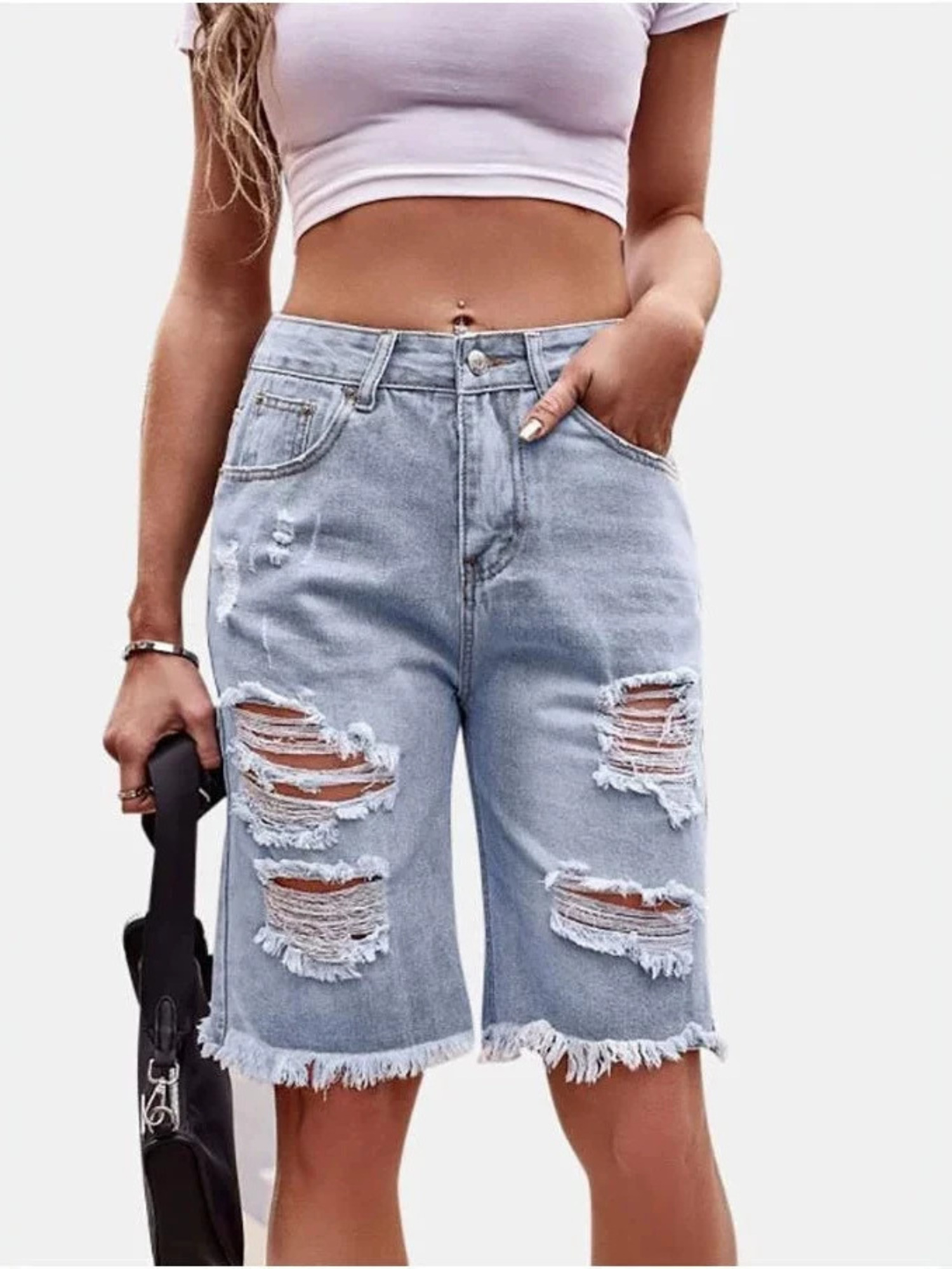 Women's High Waist Ripped Cott - Shorts Denim Frayed のレビューと価格
