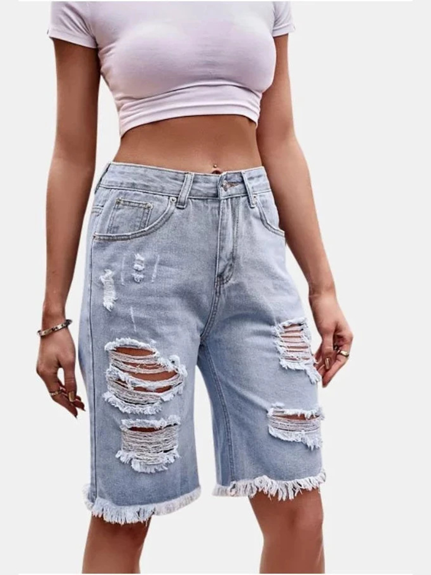 Women's High Waist Ripped Cott - Shorts Denim Frayed のレビューと価格