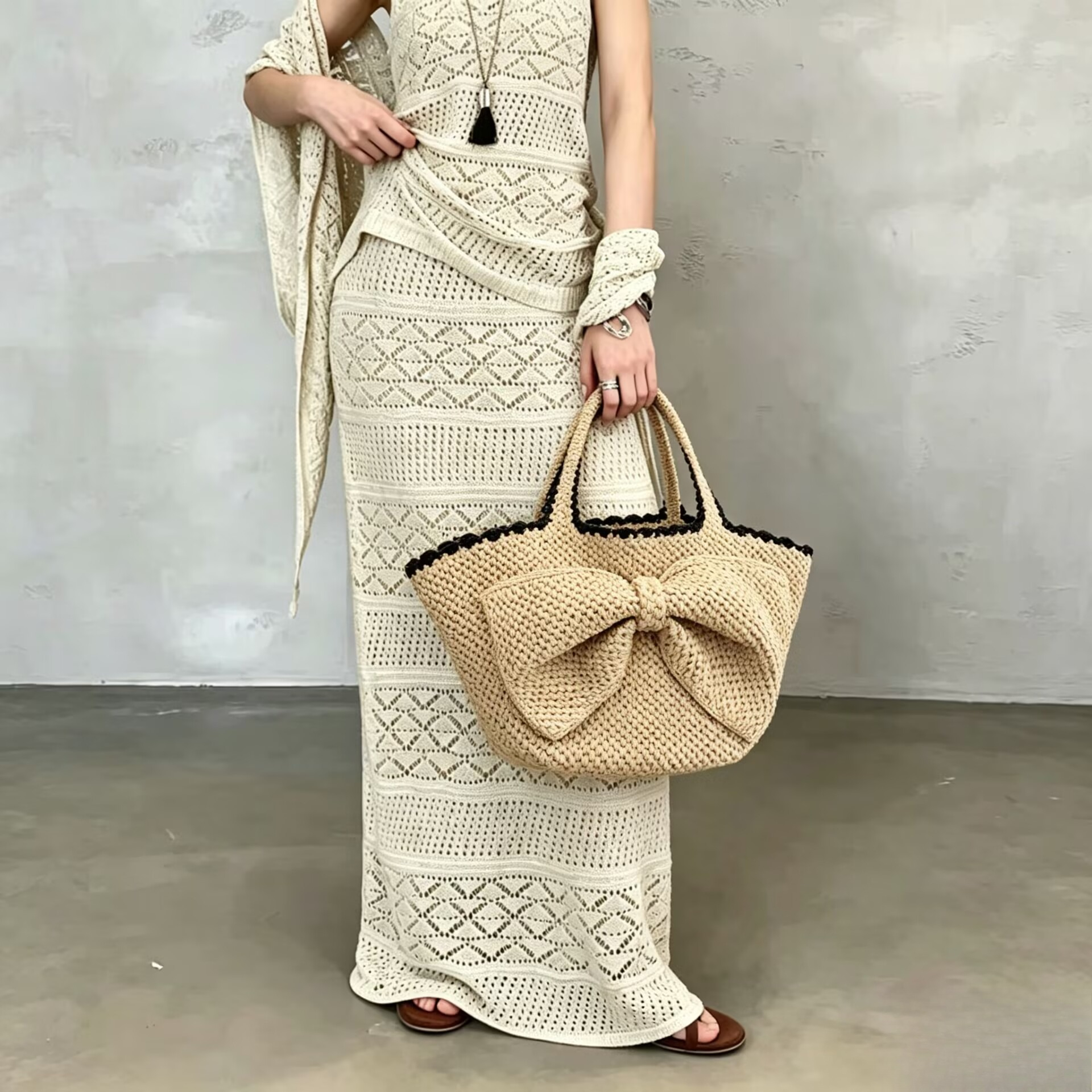 NEW raffia bow crochet handwov - Crochet Bag Raffia のレビューと価格