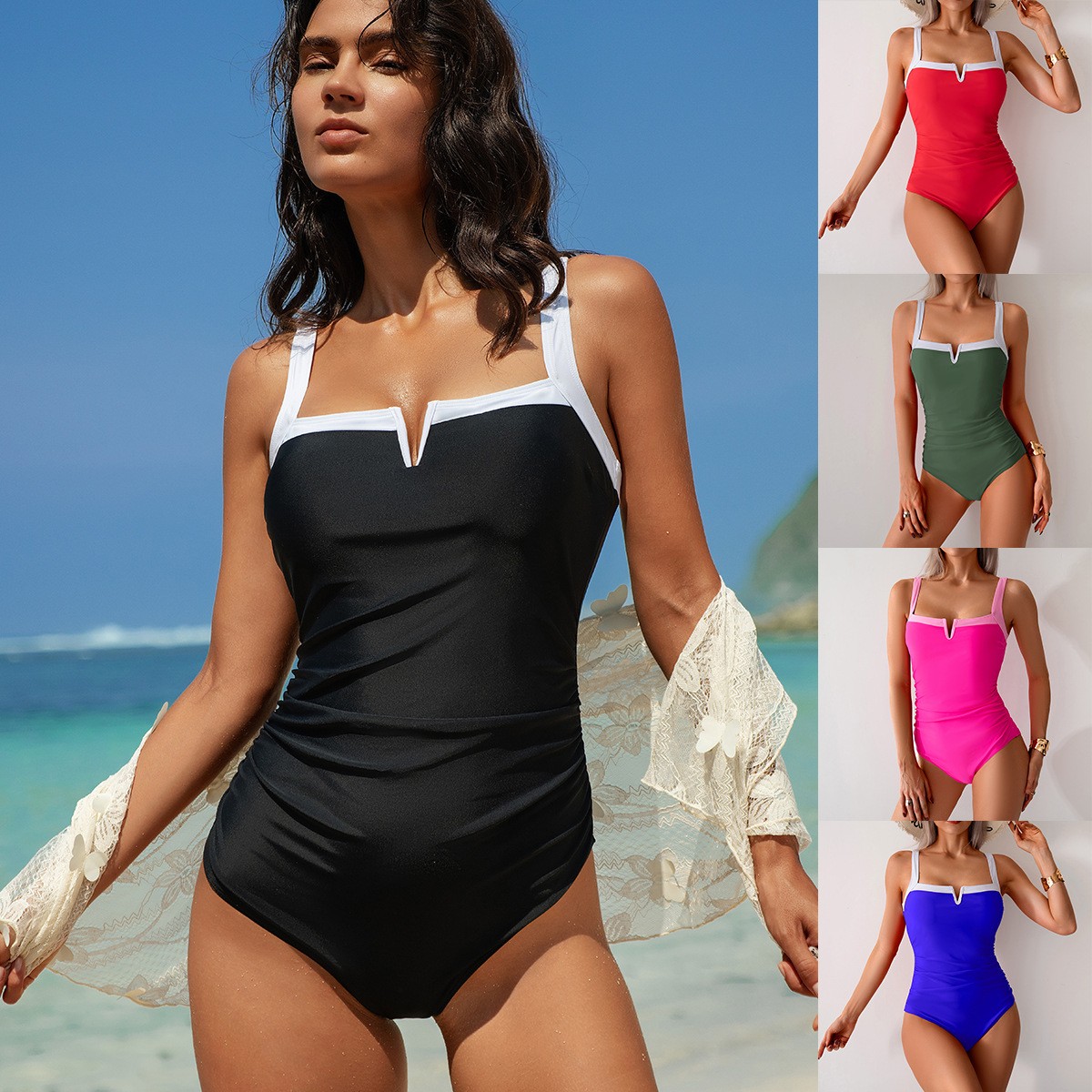 Black Swimsuit V Neck Red Biki - Swimsuit Bikini Ruched のレビューと価格