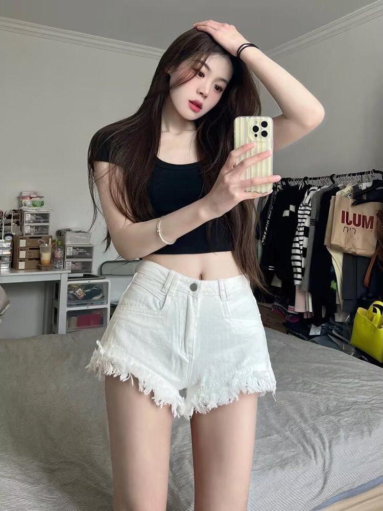 High Waist White Denim Shorts  - Shorts Denim Frayed のレビューと価格
