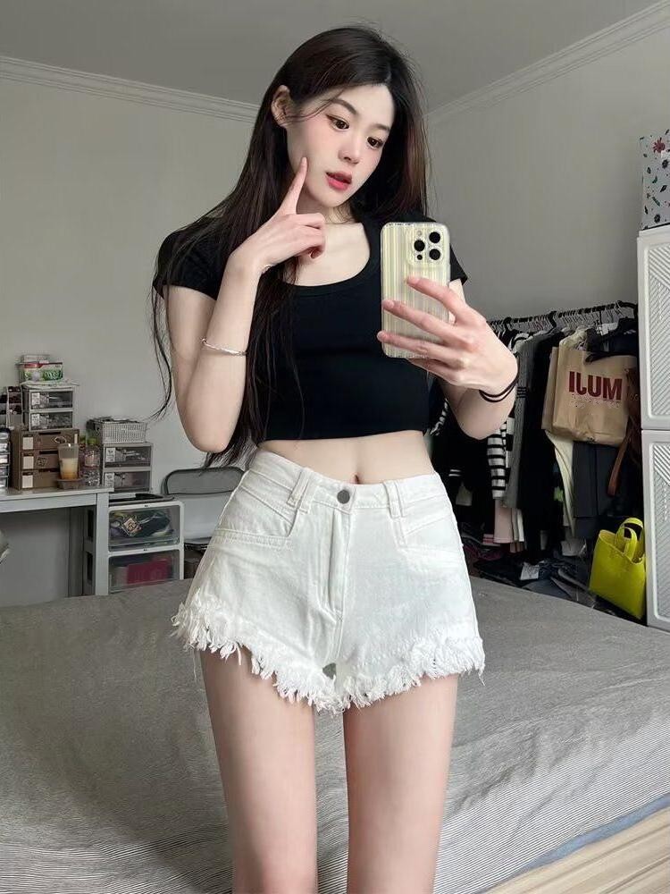 High Waist White Denim Shorts  - Shorts Denim Frayed のレビューと価格