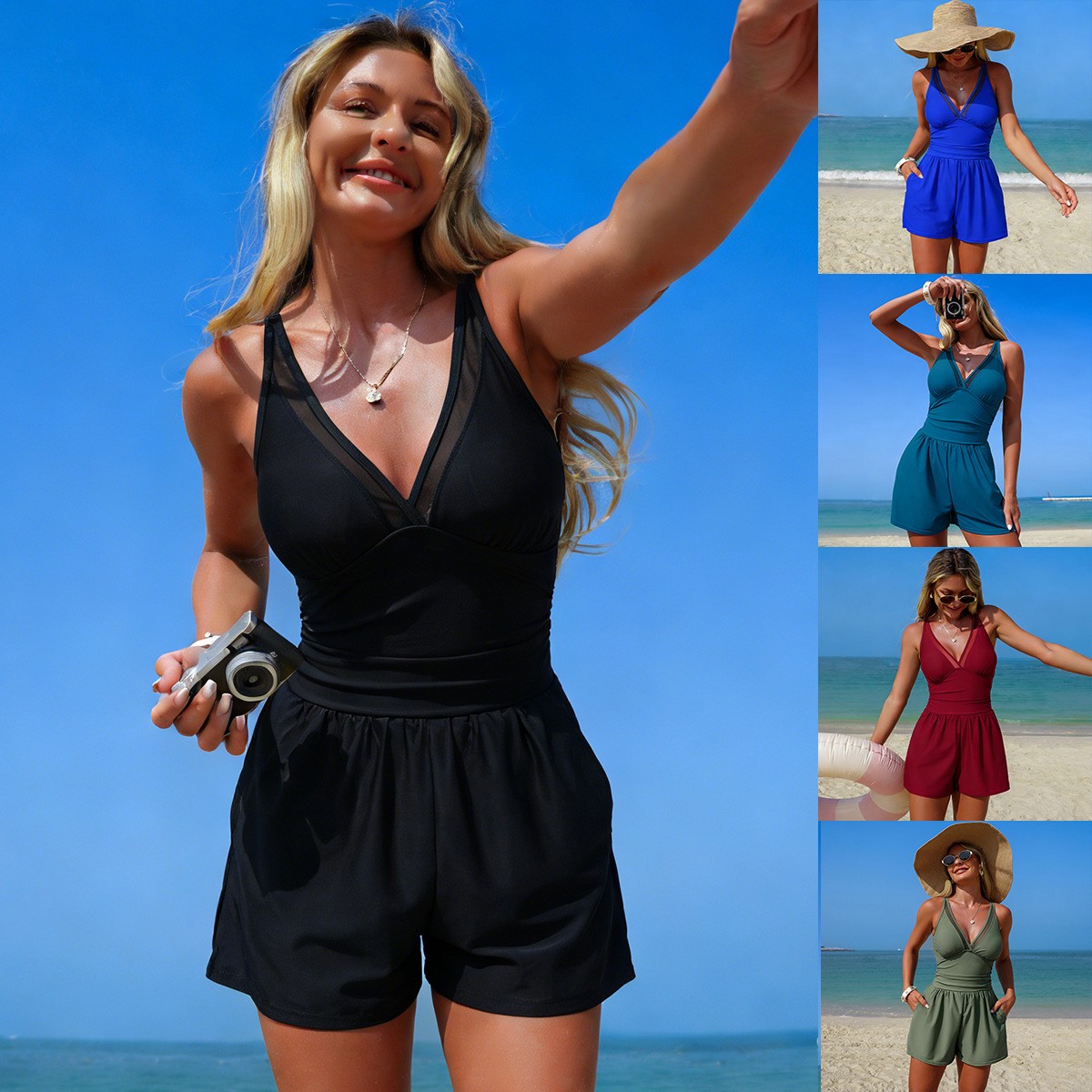 Black Solid Color Sleeveless V - Swimsuit Bikini Ruched のレビューと価格