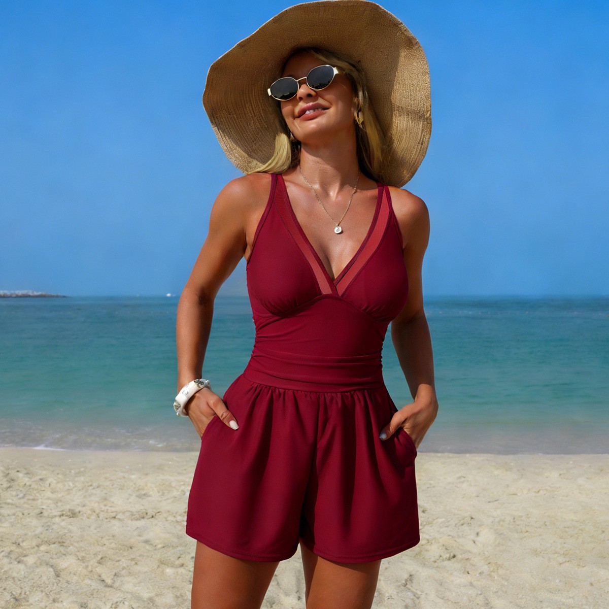 Black Solid Color Sleeveless V - Swimsuit Bikini Ruched のレビューと価格