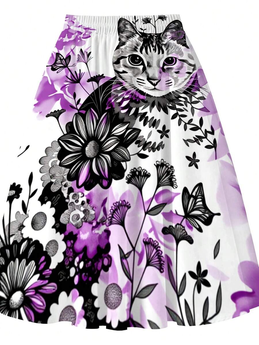 Oversized Floral Cat Print Mid - Midi Skirt Floral のレビューと価格