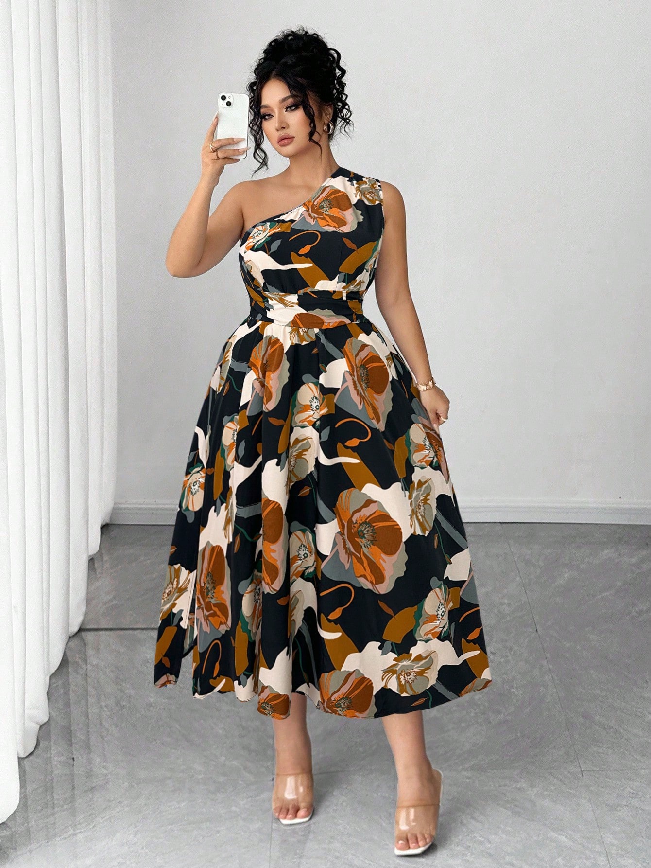 Asymmetrical One-Shoulder Flor - Midi Skirt Floral のレビューと価格