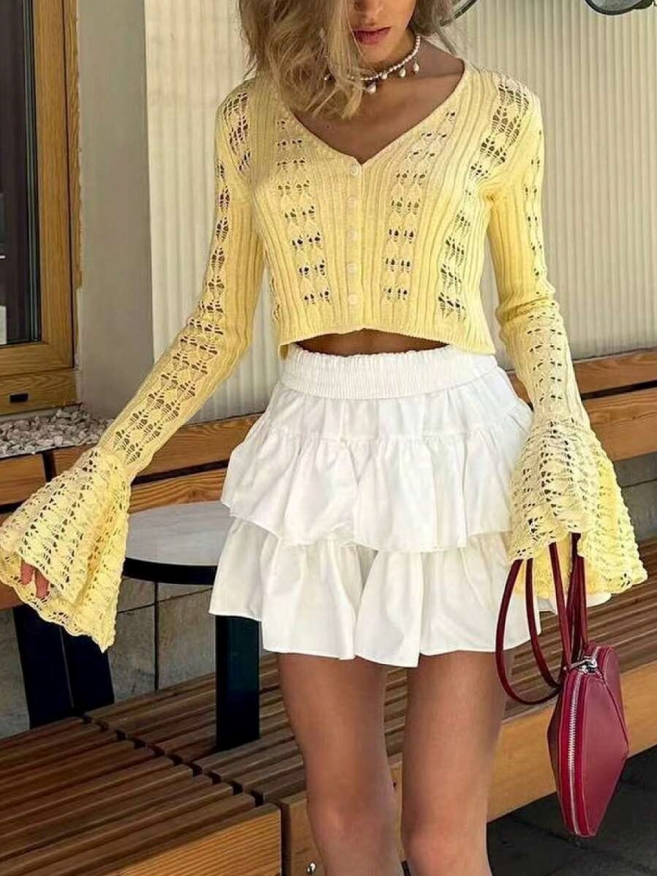 Womens Yellow Crochet Knit Fla - Crop Top Crochet のレビューと価格