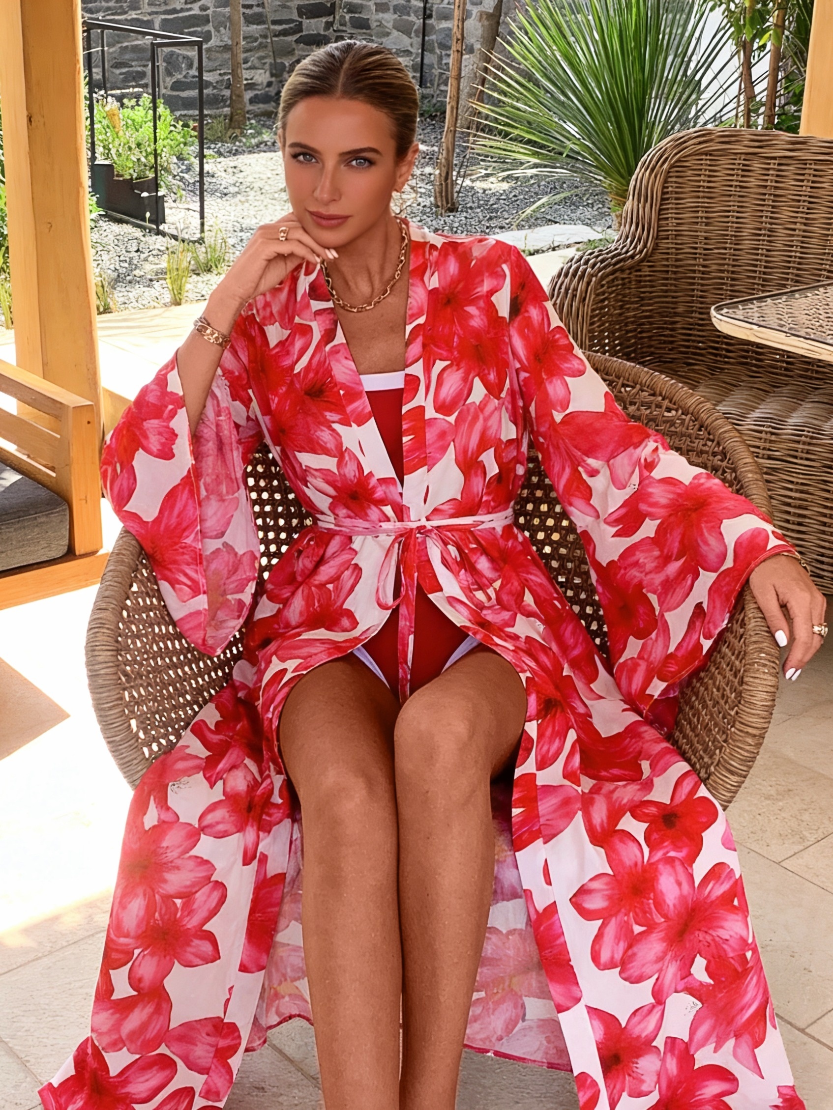 Women's Red Floral Kimono Robe - Kimono Sheer Floral のレビューと価格