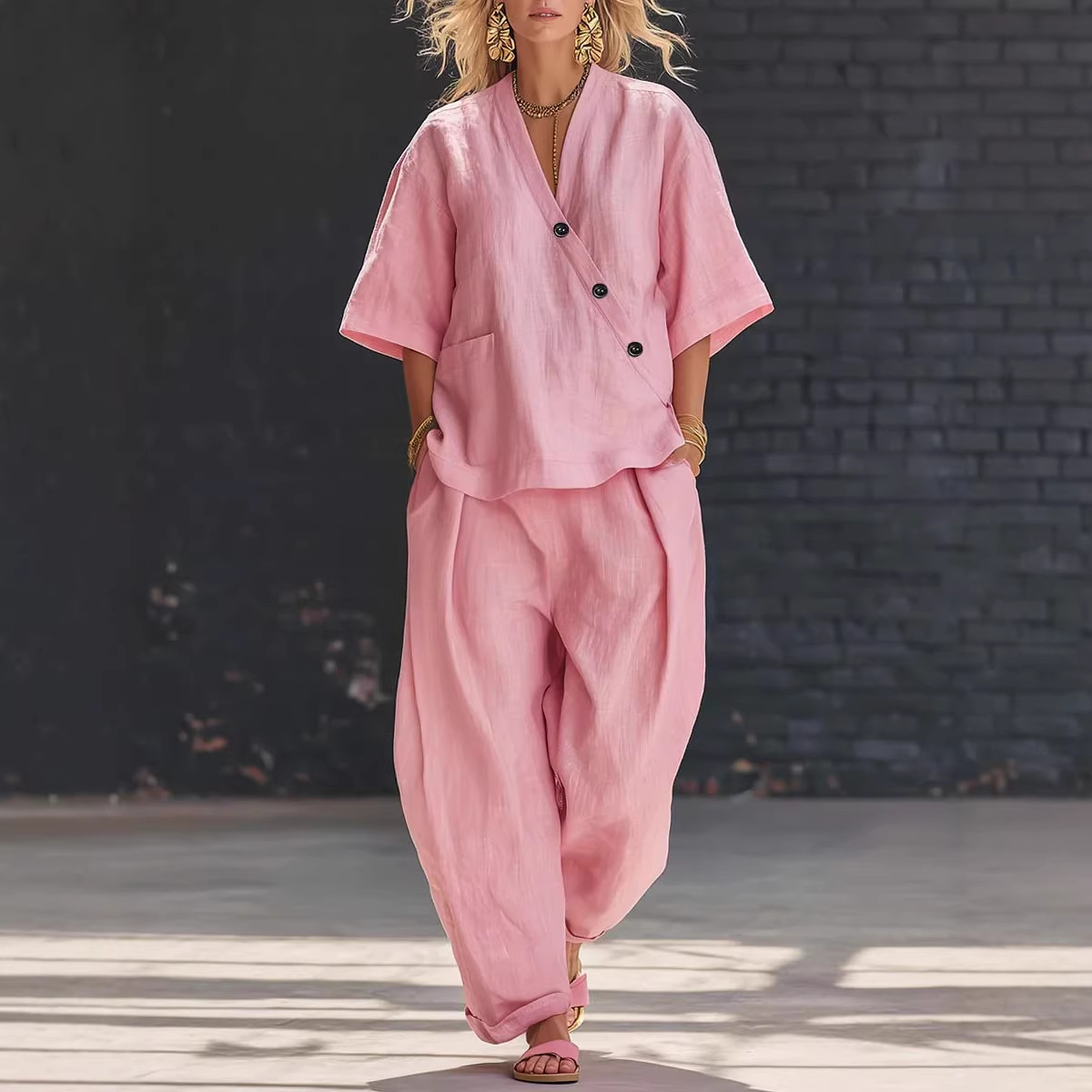 Women’s Two Piece Set Loose V  - Linen Pant Wide のレビューと価格