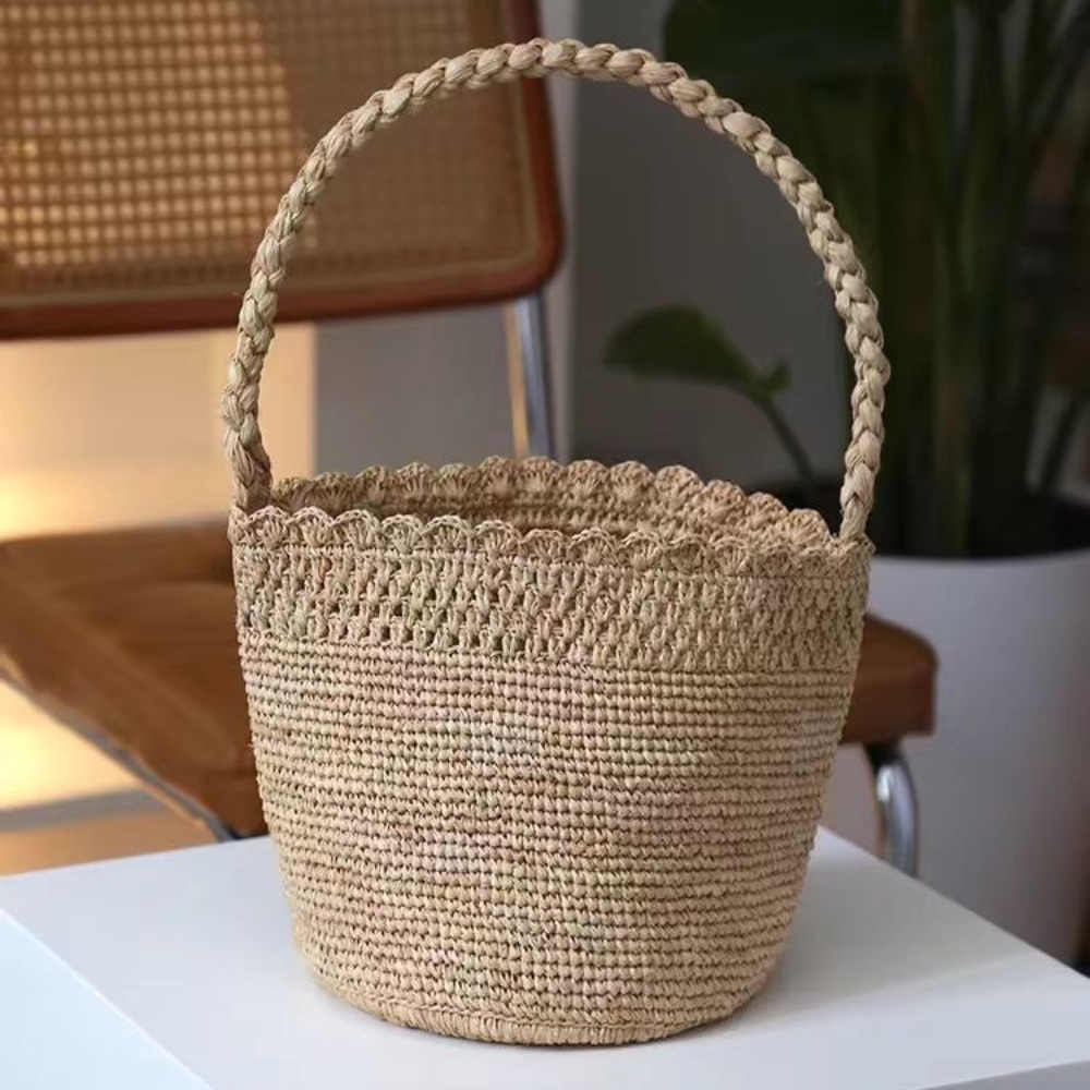 Handmade Crochet Straw Bucket  - Crochet Bag Raffia のレビューと価格