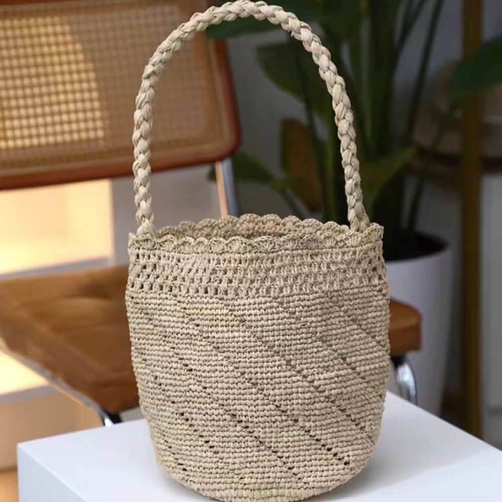 Handmade Crochet Straw Bucket  - Crochet Bag Raffia のレビューと価格