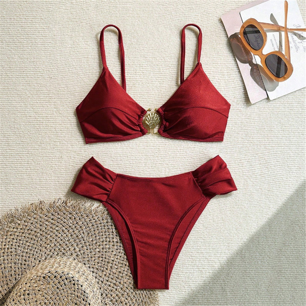 Metal Shell Ring Swimwear Sexy - Swimsuit Bikini Ruched のレビューと価格