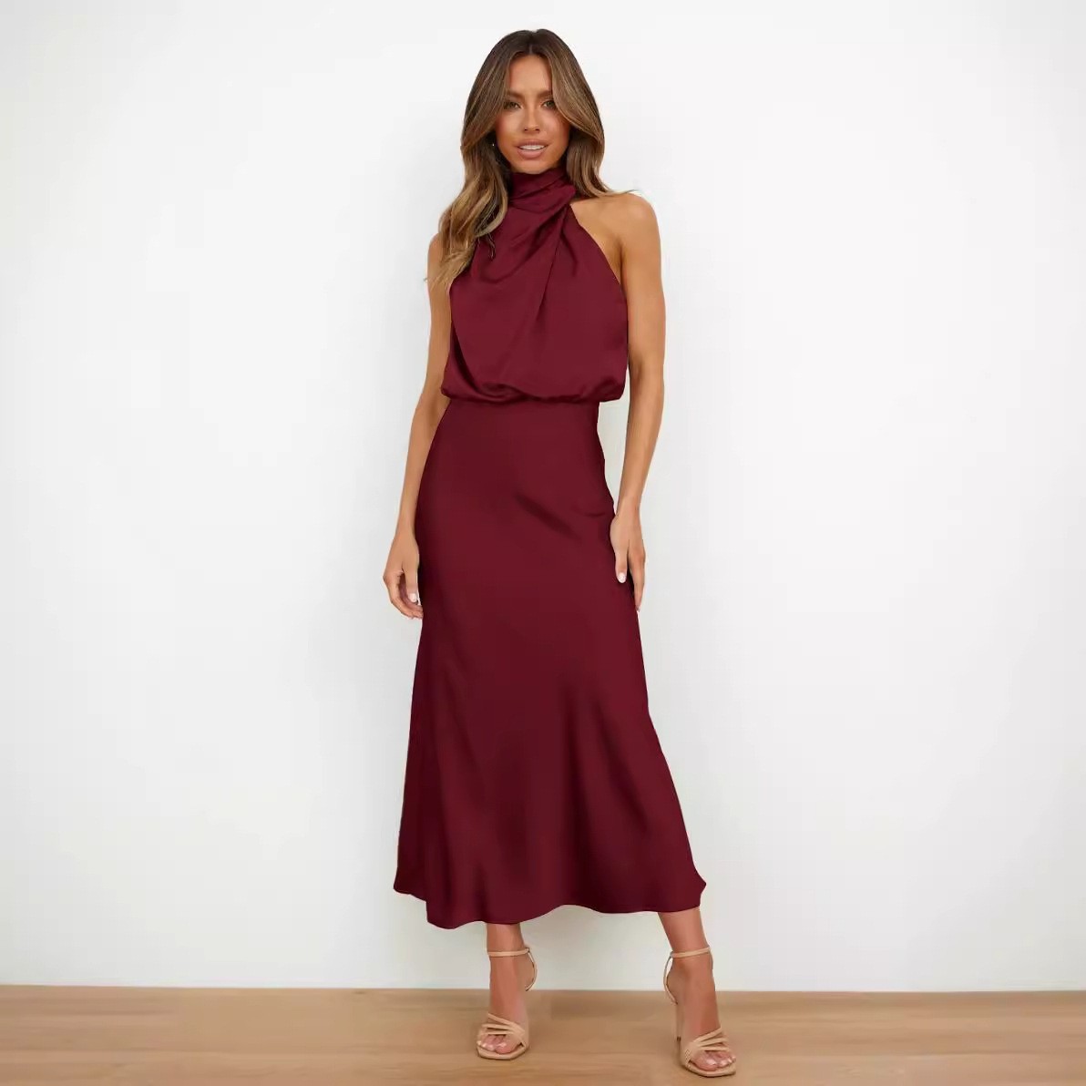 Satin Dress Sleeveless Halter  - Maxi Dress Halter のレビューと価格
