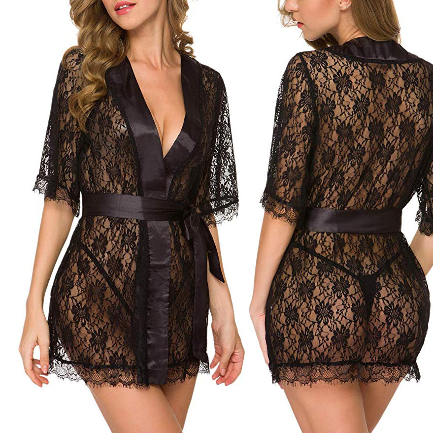 Floral Lace V-Neck Lingerie Ni - Kimono Sheer Floral のレビューと価格